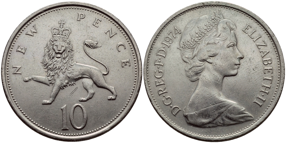 Великобритания 10 пенсов 1974 Елизавета II (1952-2022) KM 912, Spink 4231 (F1) медно-никель 51-2914