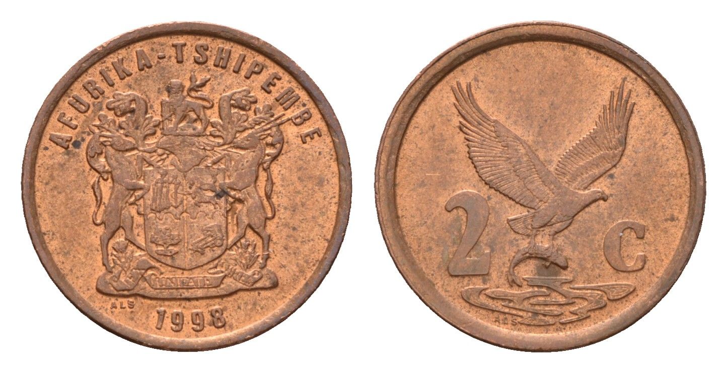 ЮАР 2 цента 1998 герб, антилопа гну KM 159 сталь плакированная медью UNC 4682-736