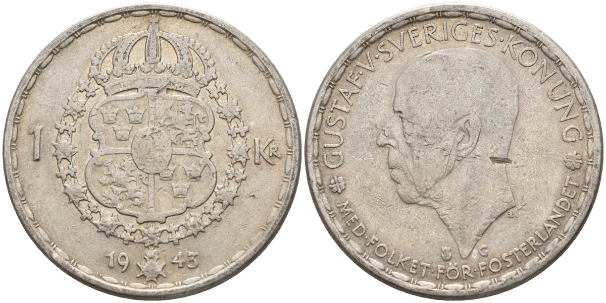 Швеция 1 крона 1943 G, Густав V (1907-1950) KM 814 серебро 4148-1013