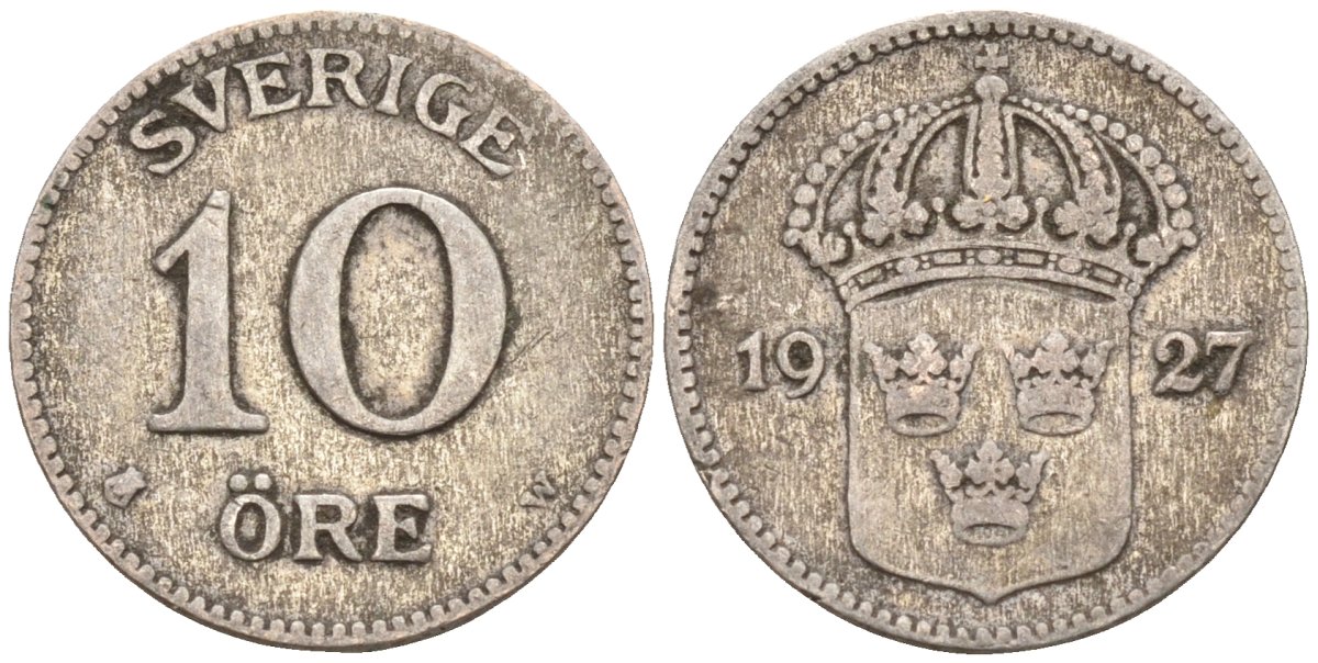 Швеция 10 эре 1927 W, Густав V (1907-1950) KM 780 серебро 4147-833