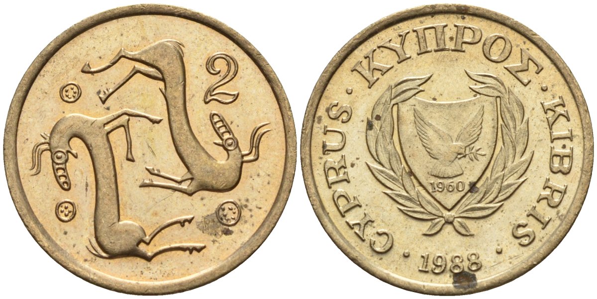 Кипр 2 цента 1988 KM 54.2 никель латунь 4174-1246