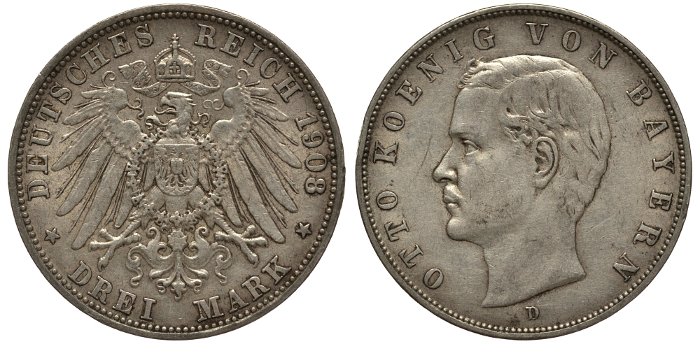Бавария 3 марки 1908 Отто (1886-1913) Weege 45, J. 47, KM 515 серебро 3711-1843