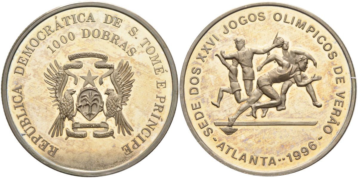 Сан-Томе и Принсипи 1000 добра 1996 XXVI Олимпийские игры 1996 года в Атланте, лёгкая атлетика KM 61 медно-никель PROOF 4368-933