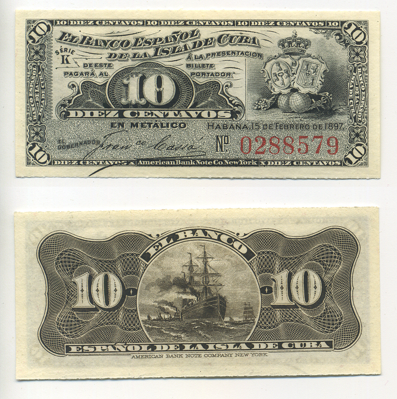 Куба 10 сентаво 1897 Испанская Администрация Pick 52 бумага UNC (пресс) 00-000-00