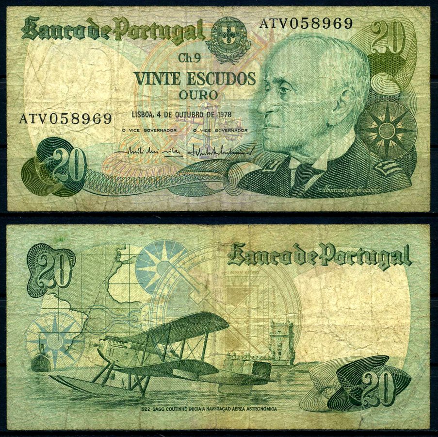 Португалия 20 эскудо 1978 4 октября 1978, Гагу Коутинью, signatures: Em?lio Rui da Veiga Peixoto Vilar & V?tor Manuel Ribeiro Const?ncio Pick 176b(2) бумага 7204-22-2-2