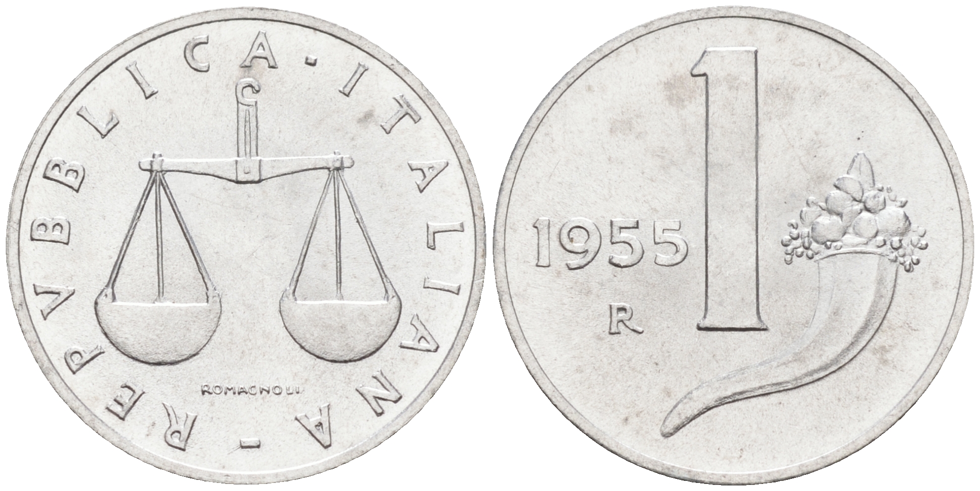 Италия 1 лира 1955 R, весы KM 91 алюминий  UNC  4594-139