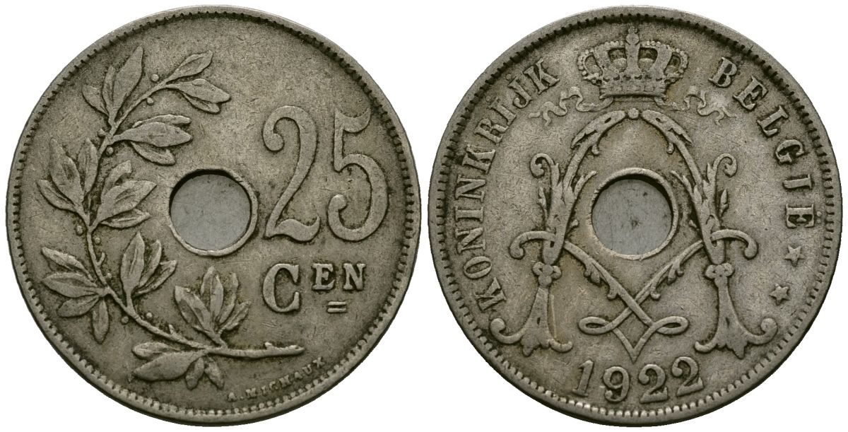 Бельгия 25 сантимов 1922 Belgie KM 69 медно-никель 4165-824