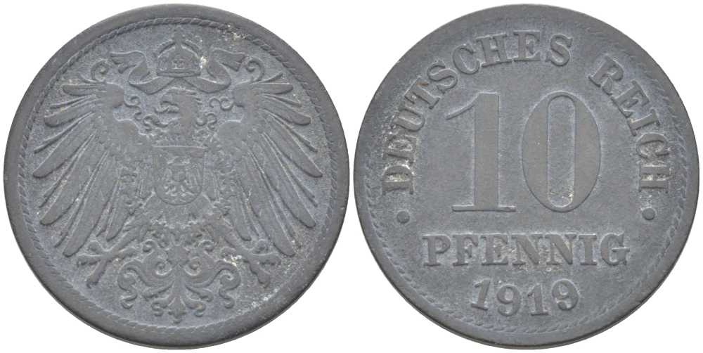 ГЕРМАНИЯ 10 ПФЕННИГОВ 1919 KM 26, J. 299 цинк 175-233