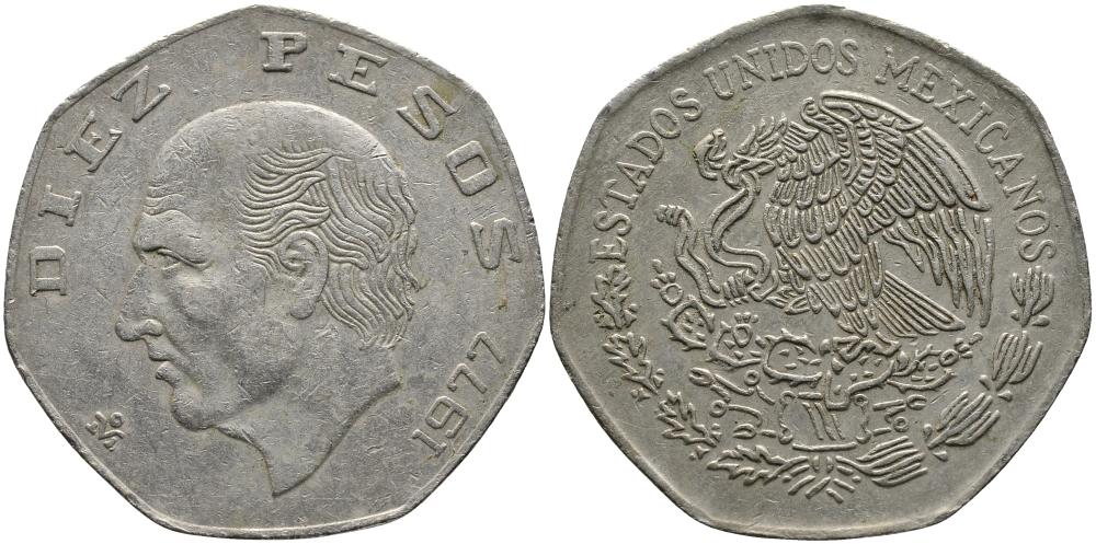 МЕКСИКА 10 ПЕСО 1977 МАНУЭЛЬ ХИДАЛЬГО КАСТИЛЬЯ KM 477.1 медно-никель 114-546