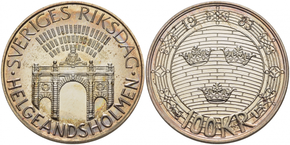 Швеция 100 крон 1983 шведский риксдаг, здание парламента, Карл XVI Густав (1973- ) KM 861 серебро UNC 1085-4-11