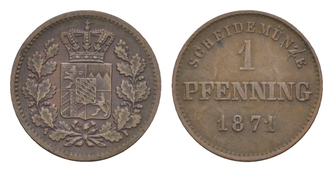 Бавария 1 пфенниг 1871 Людвиг II (1864-1886) KM 856 медь 4649-468