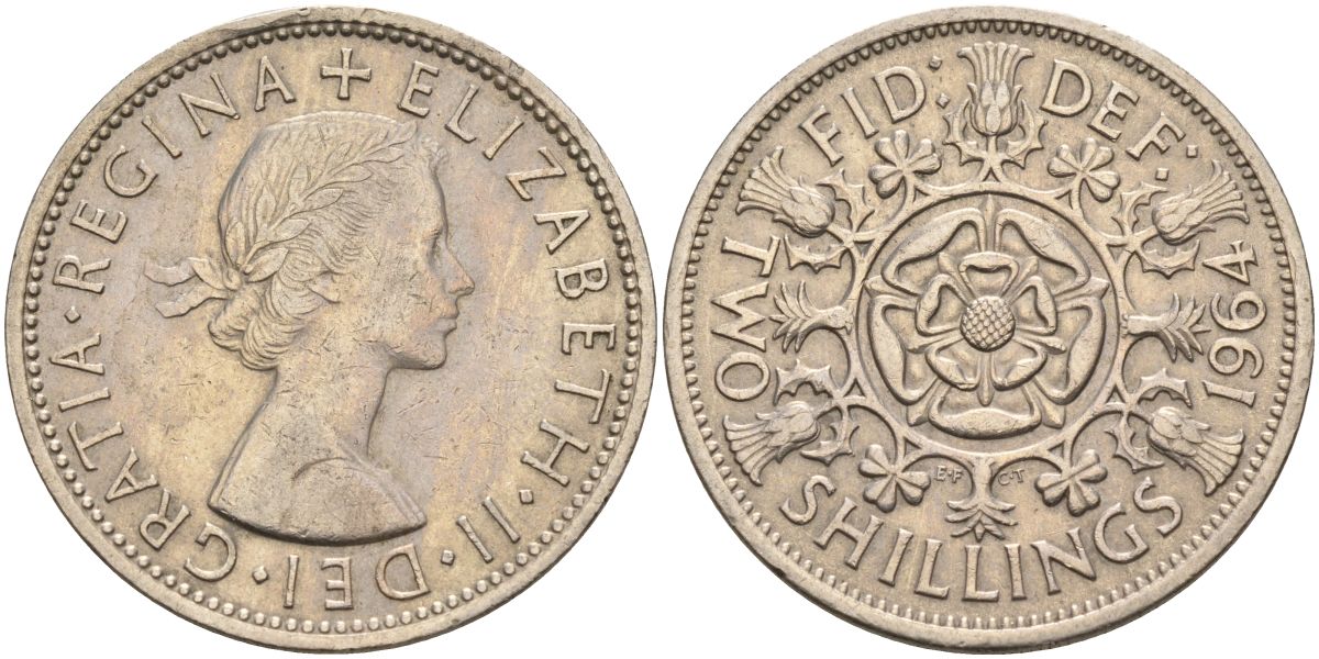 Великобритания 2 шиллинга (флорин) 1964 Елизавета II (1952-2022) KM 906, Spink 4146 медно-никель 4149-826