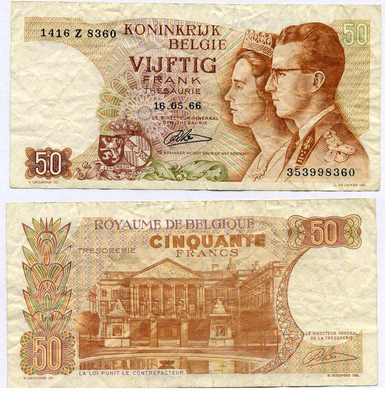 БЕЛЬГИЯ 50 ФРАНКОВ 1966 16 МАЯ 1966, КОРОЛЬ БОДУЭН I И КОРОЛЕВА ФАБИОЛА, ПОДПИСЬ 21 Pick 139 бумага 7222-51-3-1