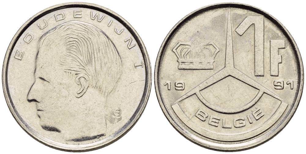 БЕЛЬГИЯ 1 ФРАНК 1991 BELGIE KM 171 сталь плакированная никелем 4528-1048