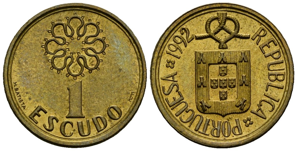 Португалия 1 эскудо 1992 KM 631 никель латунь 4164-1117