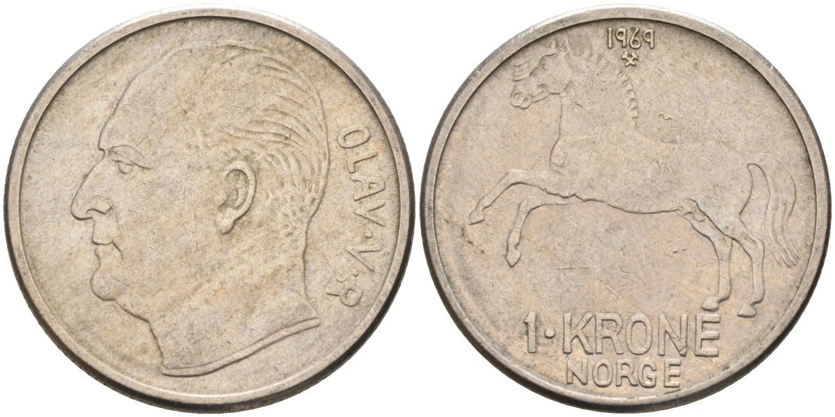 Норвегия 1 крона 1969 лошадь, Улаф V (1958-1991) KM 409 медно-никель 4561-141