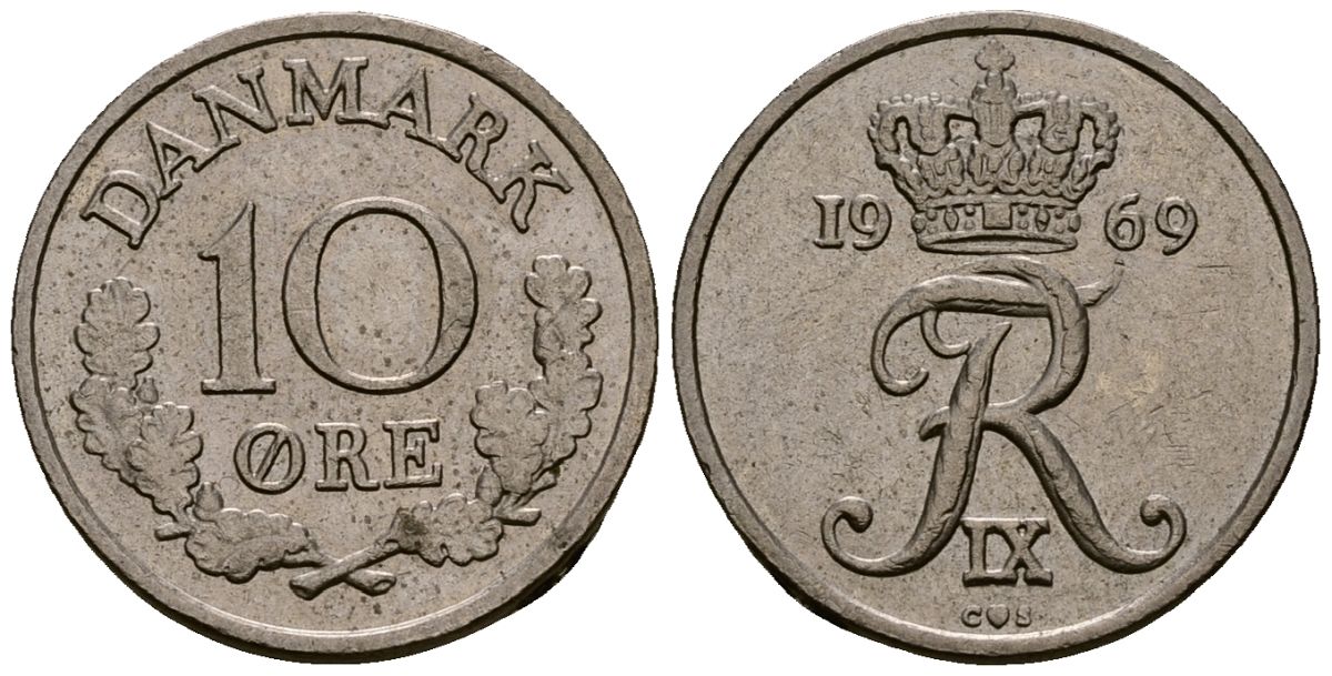 Дания 10 эре 1969 C,S, Фредерик IX (1947-1972) KM 849.1 медно-никель 4173-721