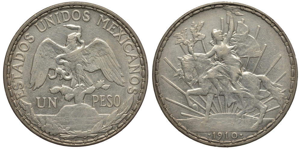 Мексика 1 песо 1910 KM 453 серебро 633-321