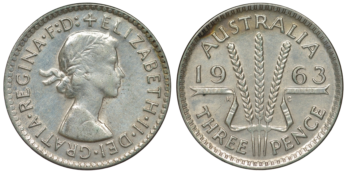 Австралия 3 пенса 1963 m, Елизавета II (1952-2022) KM 57 серебро 71-946