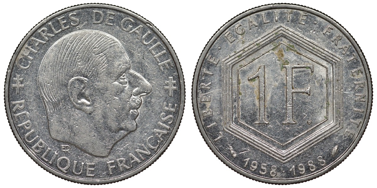 Франция 1 франк 1988 Шарль де Голль KM 963, Le Franc 227.2 никель 4128-411