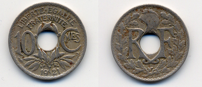 Франция 10 сантимов 1921 тип Линдайё KM 866a, Le Franc 138.3 медно-никель 4388-431