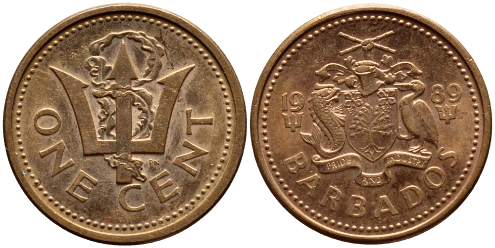 Барбадос 1 цент 1989 сломанный трезубец Британии KM 10 бронза 4396-1266