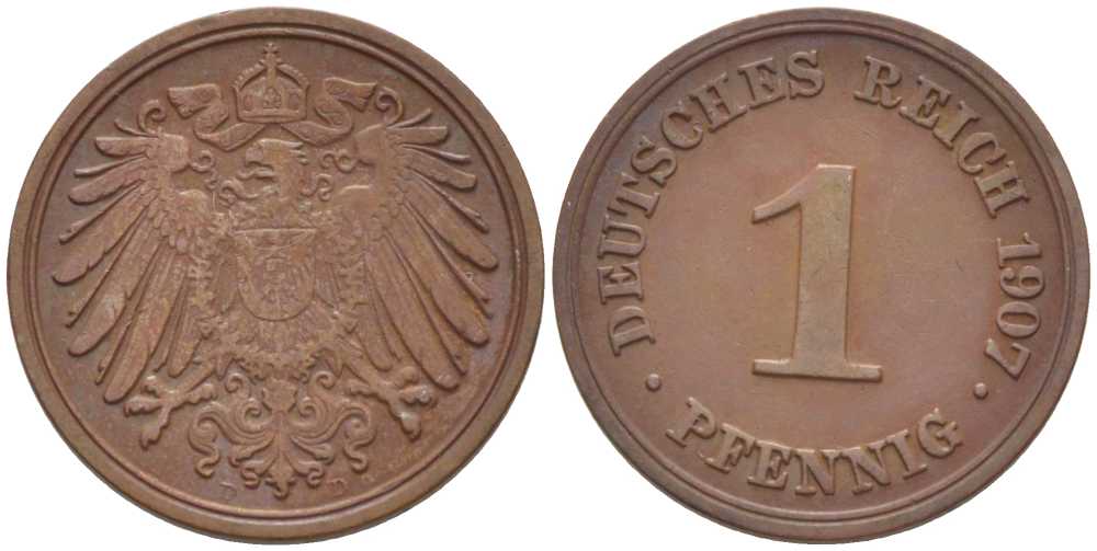 ГЕРМАНИЯ 1 ПФЕННИГ 1907 D KM 10, J. 10, Weege 2 медь 211-361
