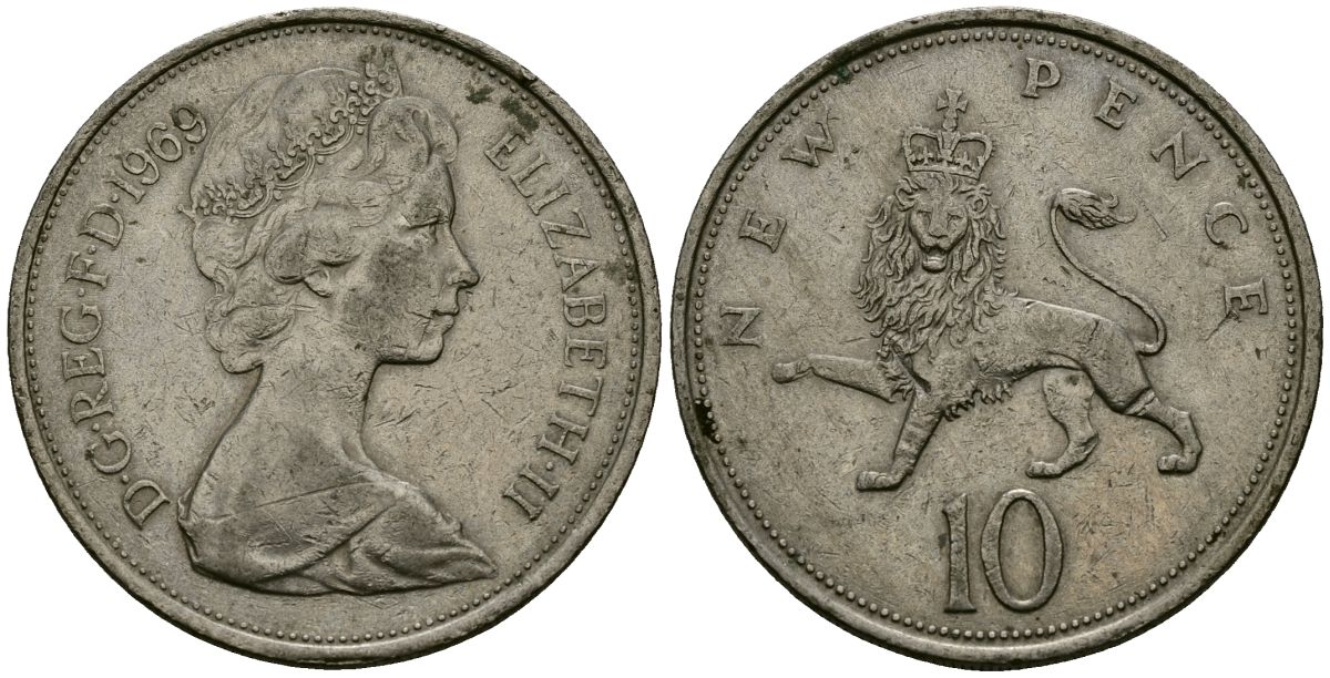 Великобритания 10 пенсов 1969 Елизавета II (1952-2022) KM 912, Spink 4231 (F1) медно-никель 4137-343