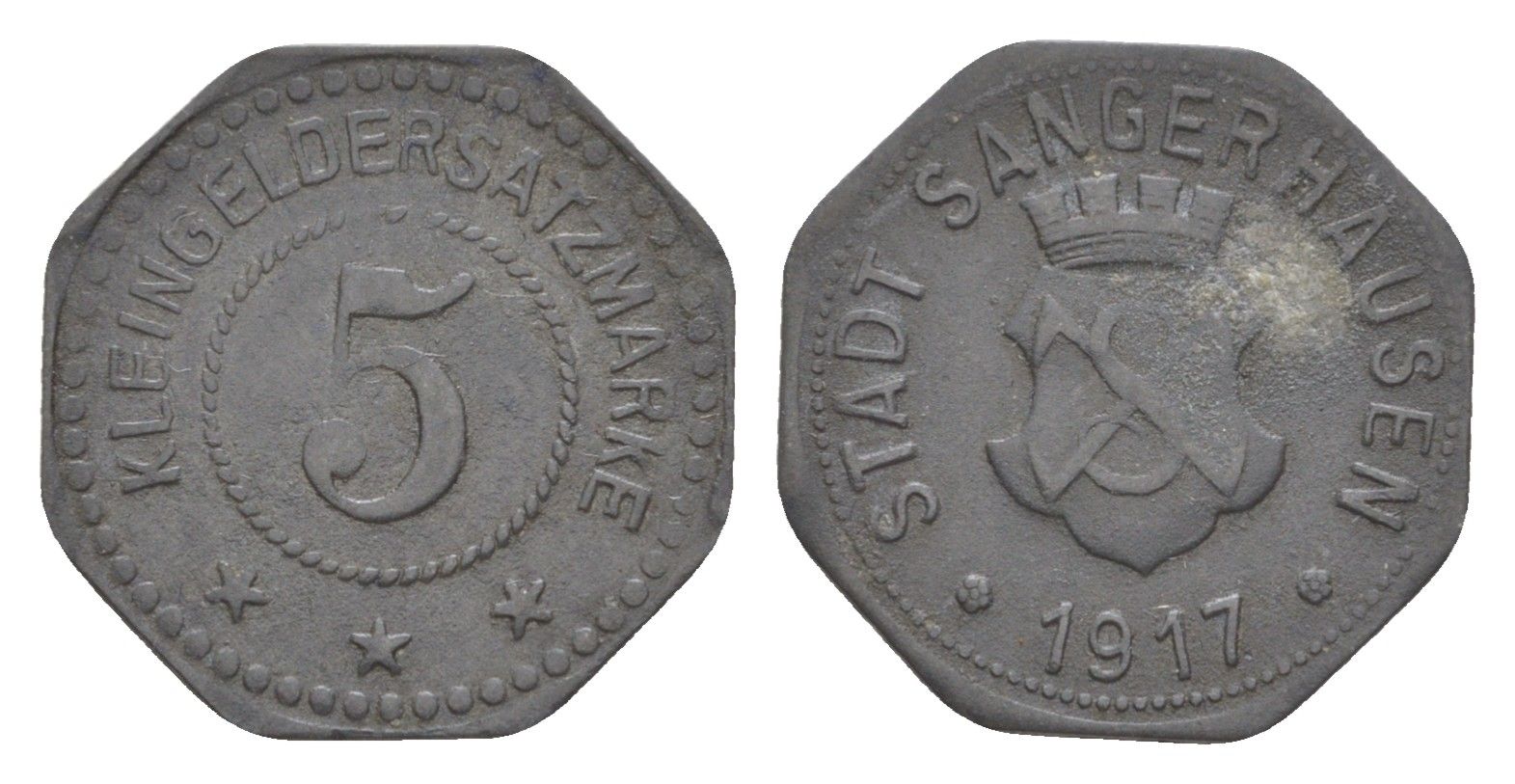 Зангерхаузен 5 пфеннигов 1917 Funck 468.1, Men18 29026.1 цинк 4639-134