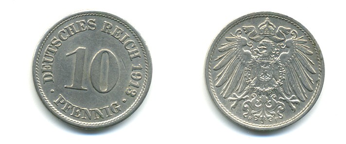 ГЕРМАНИЯ 10 ПФЕННИГОВ 1913 F KM 12, J. 13 медно-никель 4379-867
