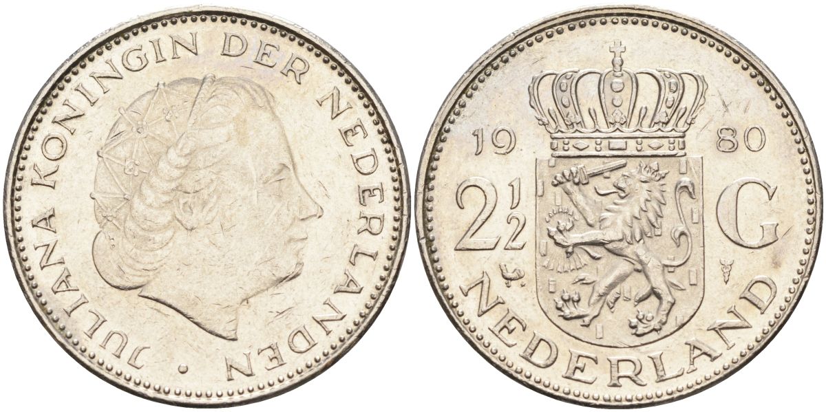 Нидерланды 2 1/2 гульдена 1980 Юлиана (1948-1980) KM 191 никель 4593-646