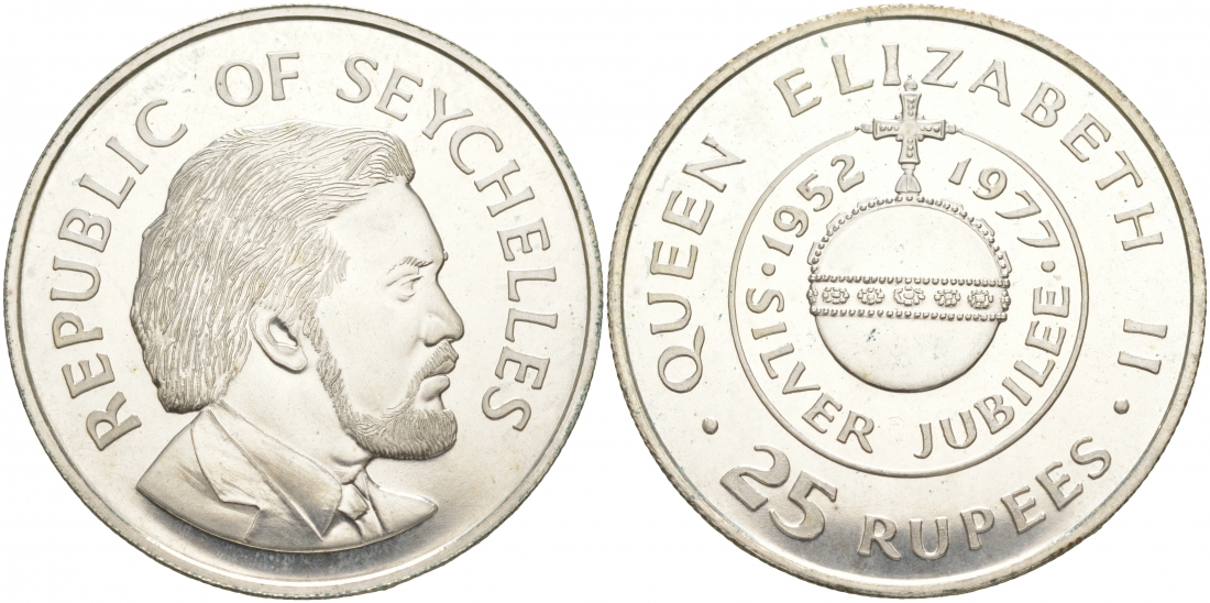 Сейшельские острова 25 рупий 1977 25 лет правления (серебрянный юбилей) королевы Елизаветы II (1952-1977) KM 38 a серебро BUNC 1091-3-31