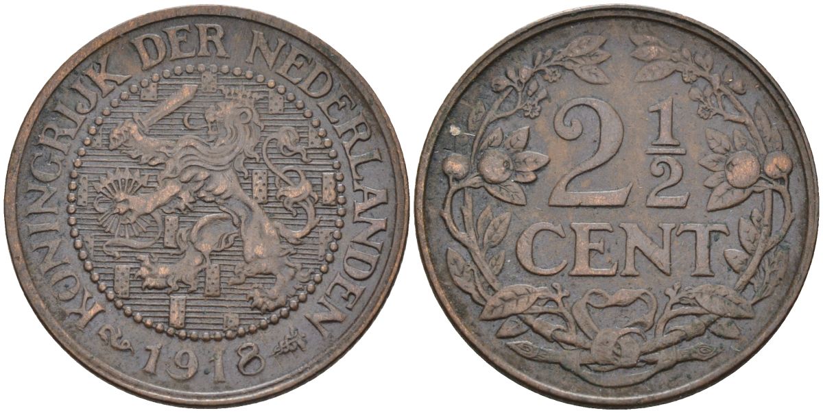 Нидерланды 2 1/2 цента 1918 Вильгельмина (1890-1948) KM 150 бронза 4116-321