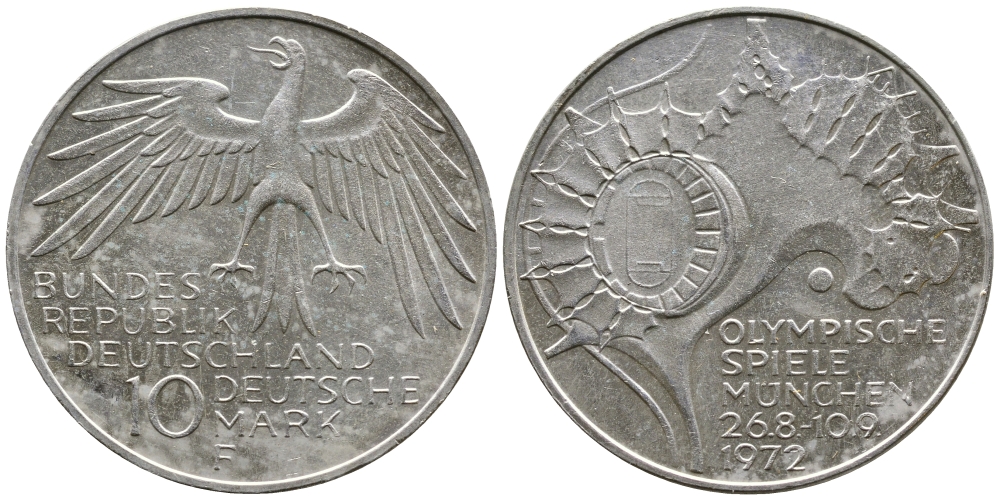 ФРГ 10 МАРОК 1972 F, ОЛИМПИАДА, СТАДИОН KM 133, J.404 серебро UNC 443-345