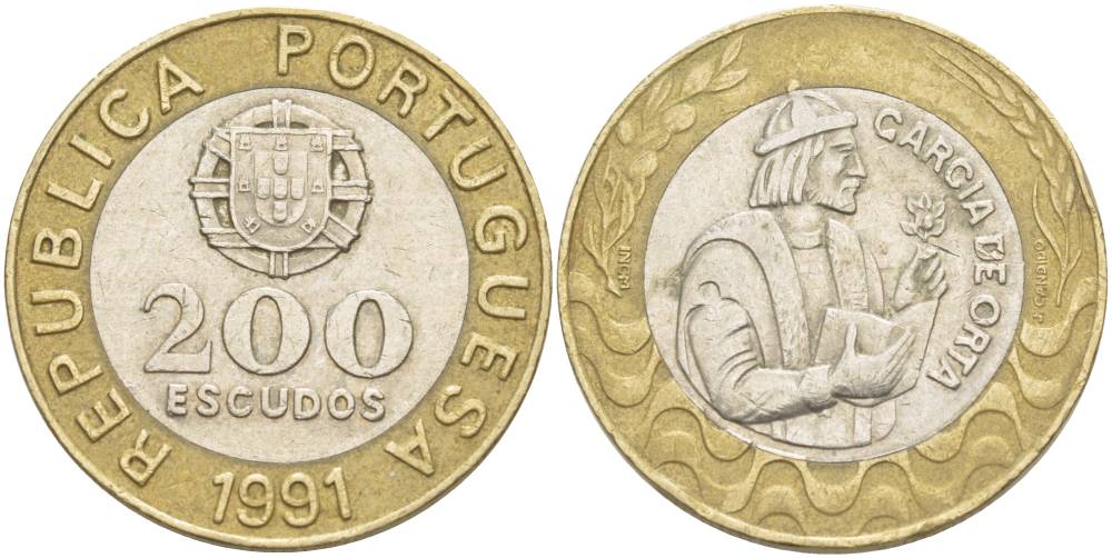 Португалия 200 эскудо 1991 Гарсия Де Орта (1501-1568) KM 655 биметалл 4542-943
