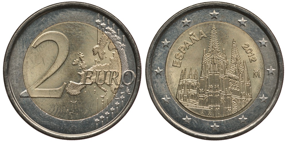 ИСПАНИЯ 2 ЕВРО 2012 ЮНЕСКО - КАФЕДРАЛЬНЫЙ СОБОР В ГОРОДЕ БУРГОС KM 1254 биметалл 3856-716