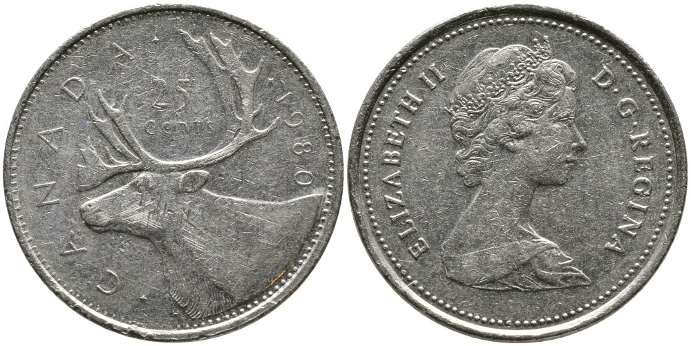КАНАДА 25 ЦЕНТОВ 1980 ЕЛИЗАВЕТА II (1952-), ОЛЕНЬ, ВТОРОЙ ПОРТРЕТ В КОРОНЕ KM 74 никель 4543-744
