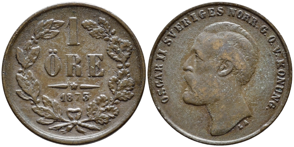 ШВЕЦИЯ 1 ЭРЕ 1873 LA, ОСКАР КОРОЛЬ ШВЕЦИИ И НОРВЕГИИ KM 728 бронза 4396-241