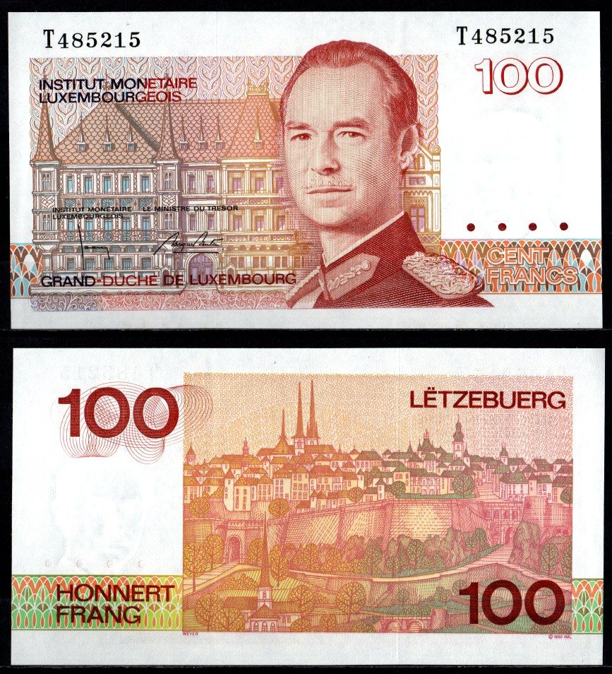 Люксембург 100 франков 1993 великий герцог Жак, вид города, серия T Pick 58 b бумага UNC (пресс) 8603-23-1-2
