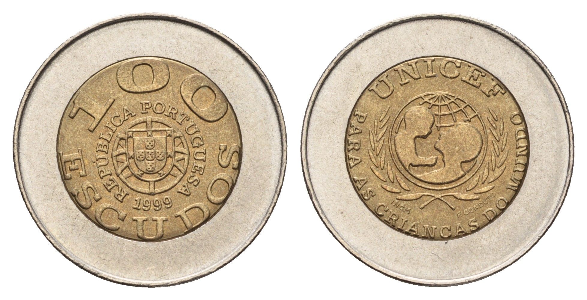 Португалия 100 эскудо 1999 ЮНИСЕФ, PORTUGUESA KM 722.1 биметалл UNC 4678-835