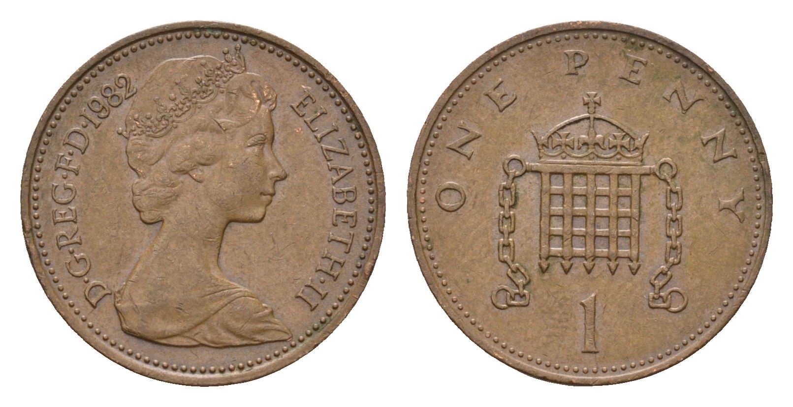 Великобритания 1 пенни 1982 Елизавета II (1952-2022) KM 927, Spink 4238 (B2) бронза 4684-1022