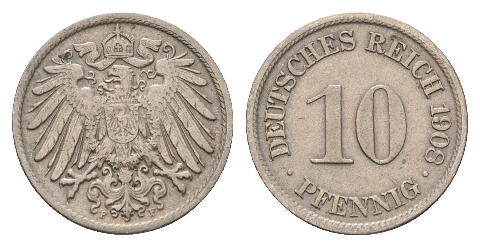 Германия 10 пфеннигов 1908 F, Вильгельм II (1888-1918) KM 12, J. 13 медно-никель 4636-916
