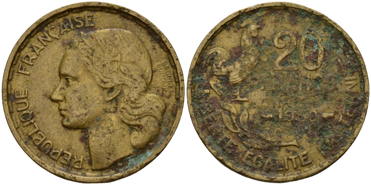 Франция 20 франков 1950 KM 917 алюминиевая бронза 4156-722