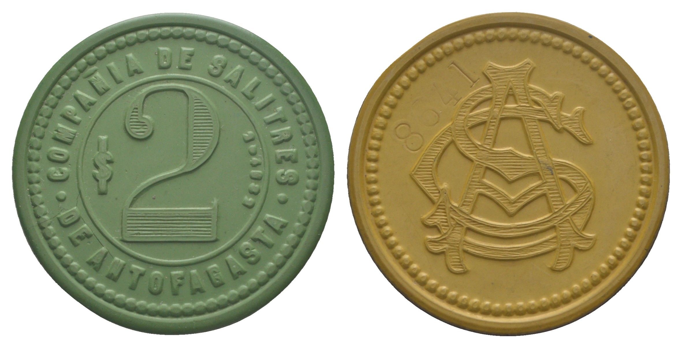 Чили, Антофагаста (Antofagasta) шахтерский жетон с Селитряного рудника для покупки в местных магазинах, номиналом в 2 песо около 1904 диаметр 34,5 мм, вес 5,43 гр Espinosa 22.10 эбонит (зеленый) 1094-11-41