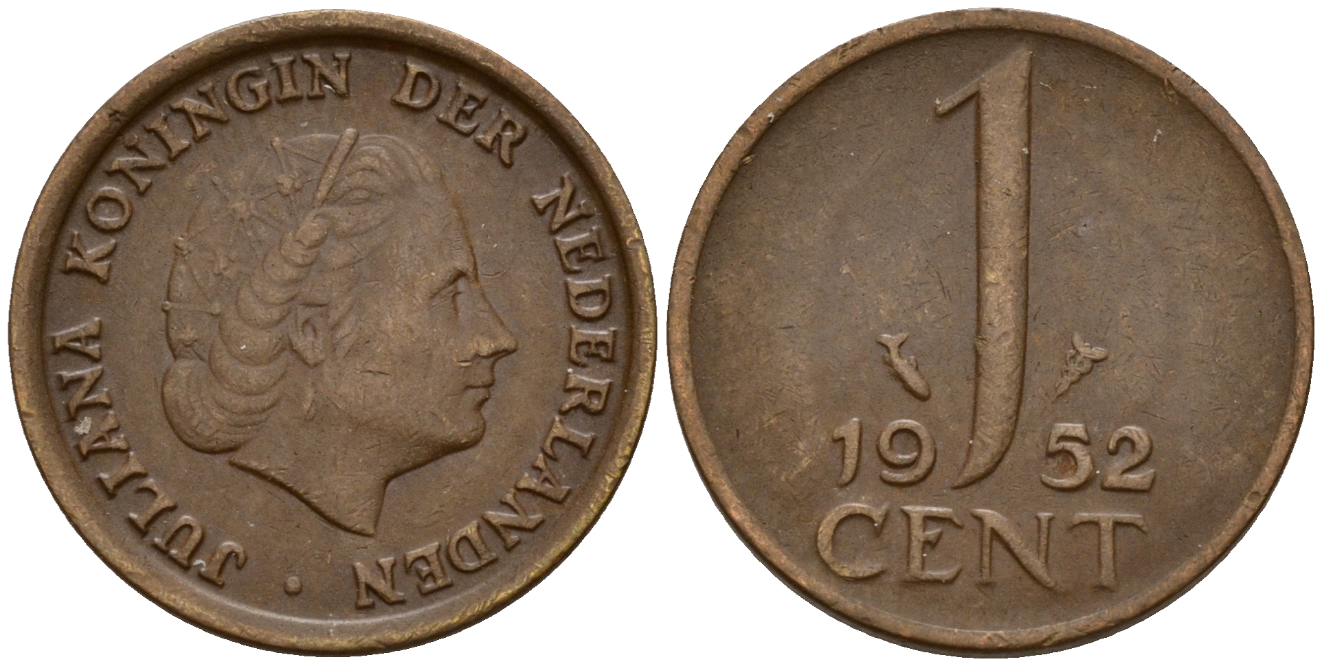 Нидерланды 1 цент 1952 Юлиана (1949-1980) KM 180 бронза    4598-148