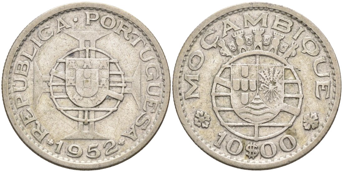 Португальский Мозамбик 10 эскудо 1952 KM 79 серебро 4571-933