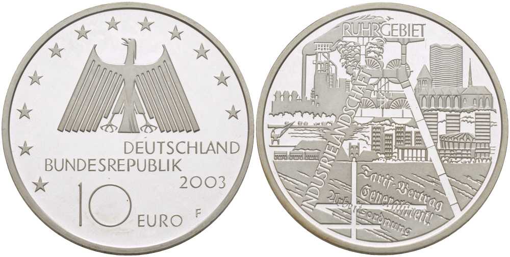 ФРГ 10 евро 2003 F, Рурский бассейн, промышленная зона KM 224, DE.S. 10.10 серебро PROOF 413-5931