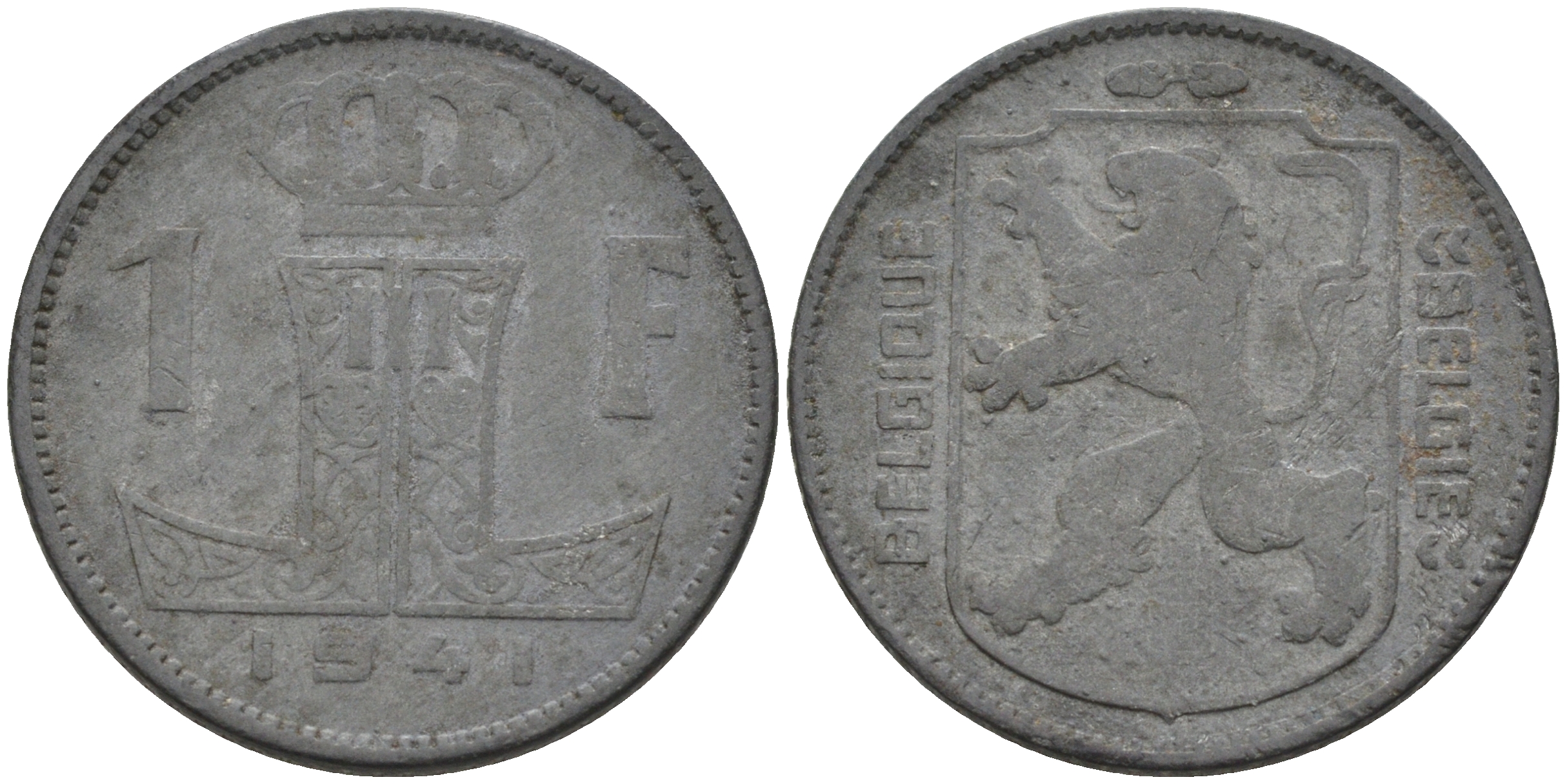 Бельгия 1 франк 1941 BELGIQUE-BELGIE, первый год, немецкая оккупация KM 127 цинк 4592-455