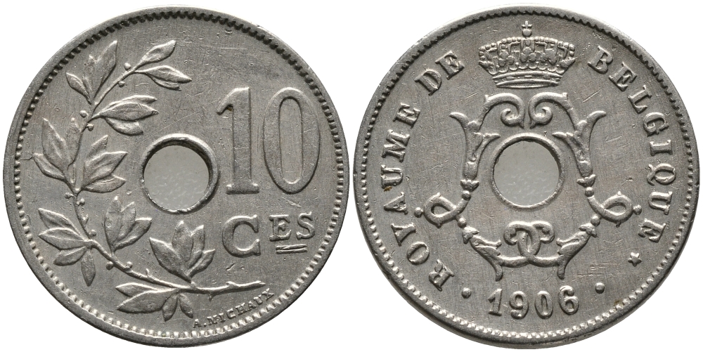 БЕЛЬГИЯ 10 САНТИМОВ 1906 BELGIQUE KM 52 медно-никель 4380-325
