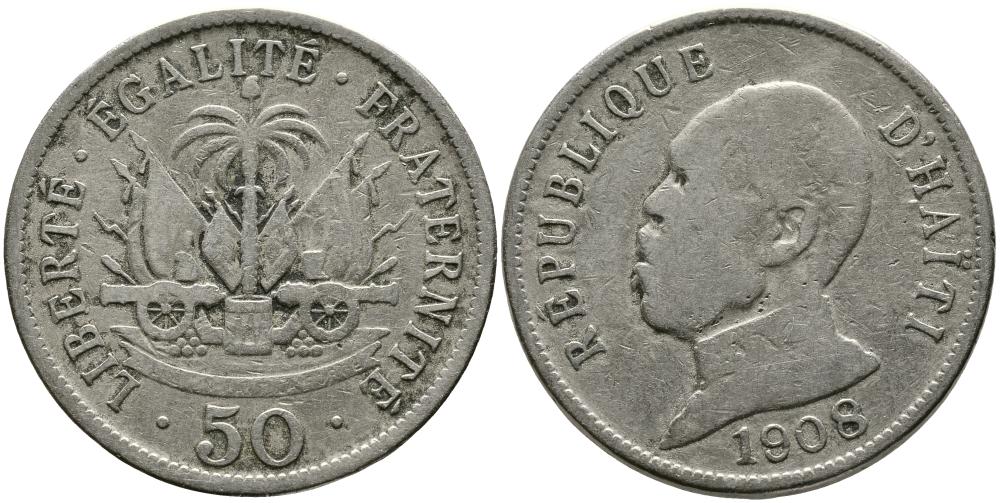 Гаити 50 сантимов 1908 Президент Пьер Нор Алексис KM 56 медно-никель 114-142